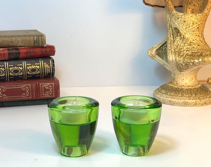 Featured listing image: Pair of 2, Chunky Green Glass Candle Holder, Reversible Tealight and Taper