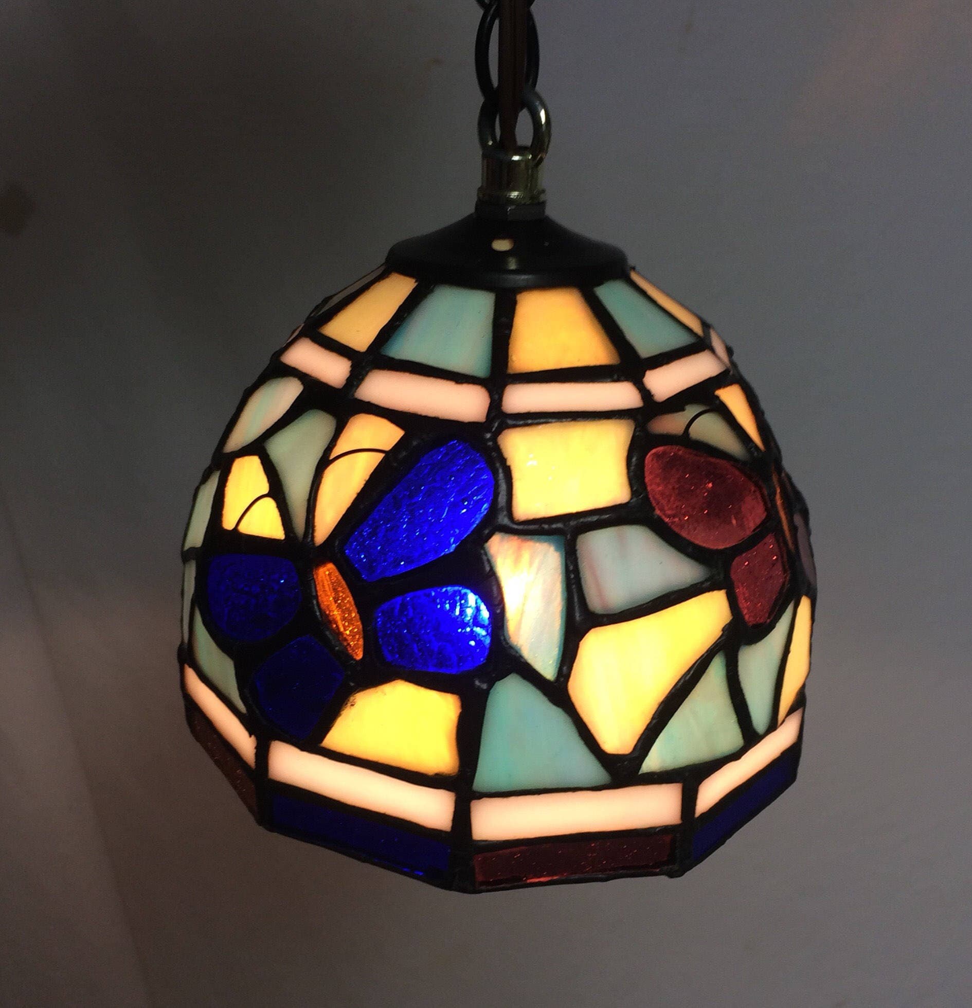 Vintage Small Slag Glass Hanging Pendant Light with Purple Butterflies