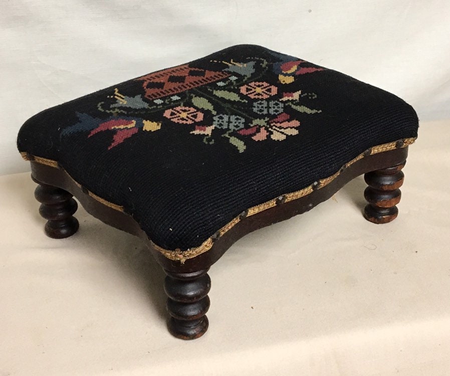 Victorian Needlepoint Wooden Footstool, PA Dutch, German Folk Art