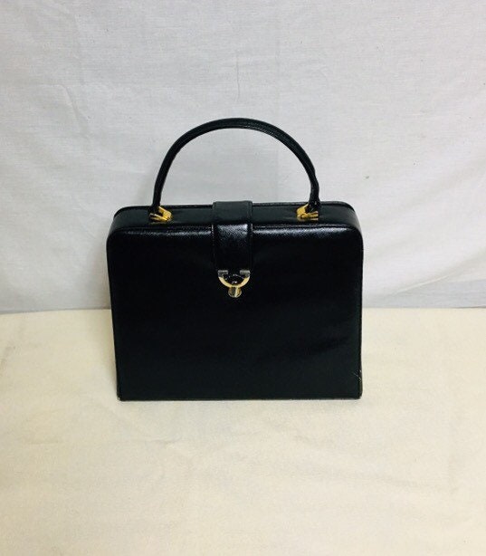 Manon Black Hard Shell Handbag, Textured Leather Purse, Gold Tone Clasp ...