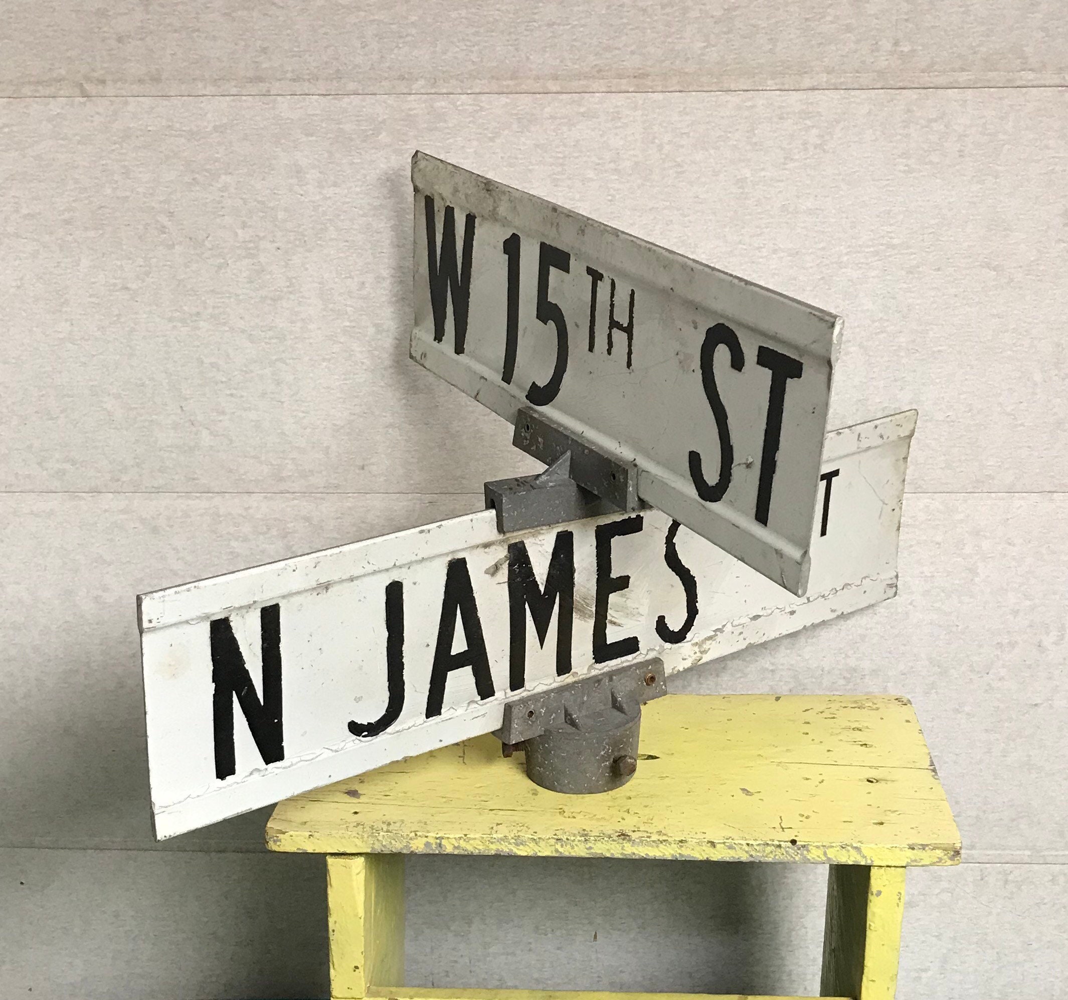 1970's Metal Intersection Street Sign, 2 Signs, Double Sided w/ Post