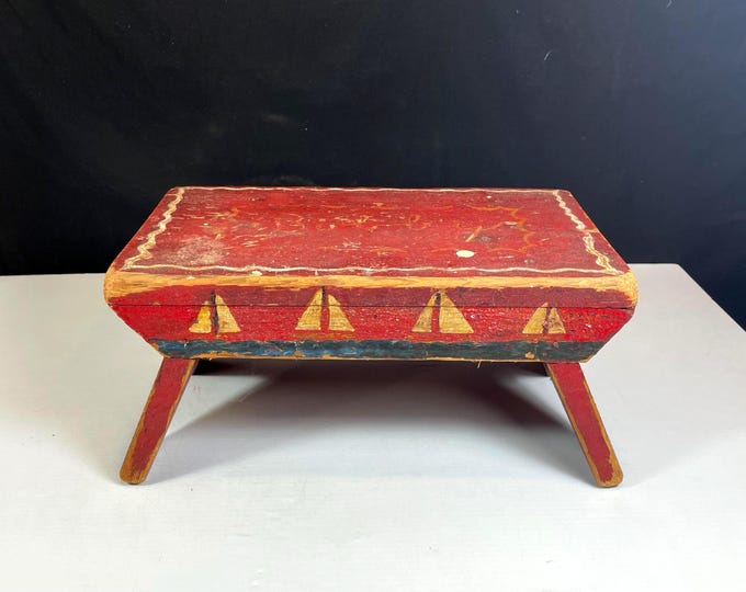 Featured listing image: 1945 Homemade Shabby Red Wooden Stepstool, Hand Painted, Signed