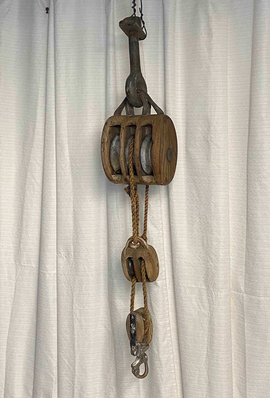 Vintage Wooden Triple Pulley with 2 Small Pulleys and Rope, Block and Tackle, Nautical Salvage