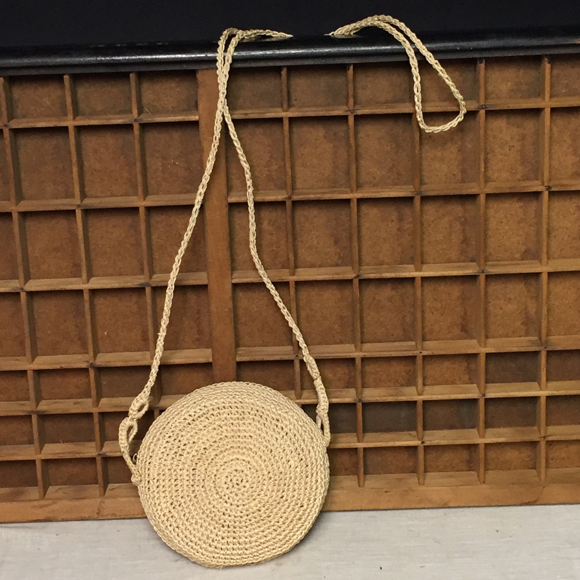 Vintage, Round, Straw, Raffia, Crochet Purse, Handmade, Crossbody
