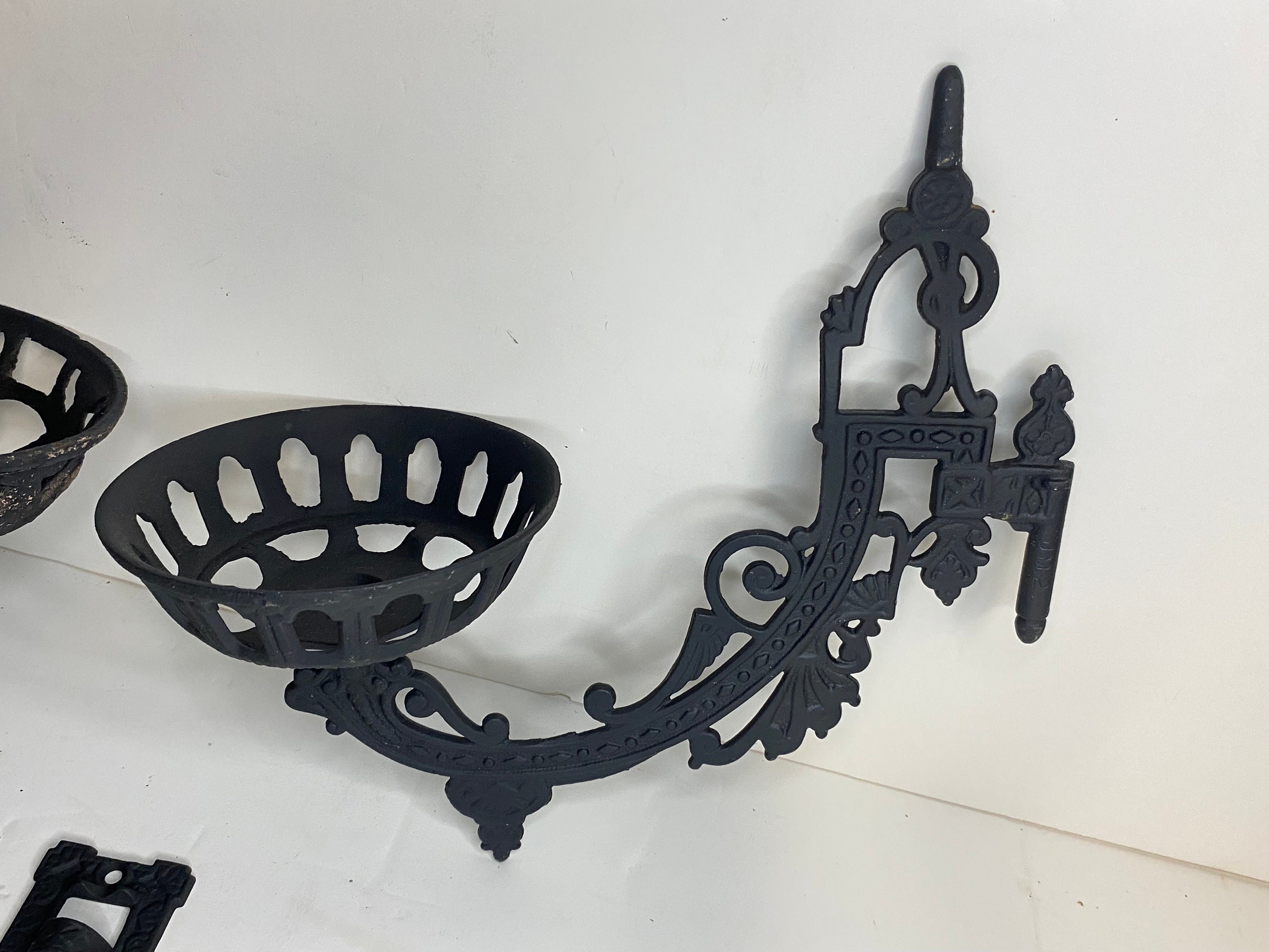 Two (2) Vintage Black Cast Iron Oil Lamp Wall Brackets, Sconce Brackets