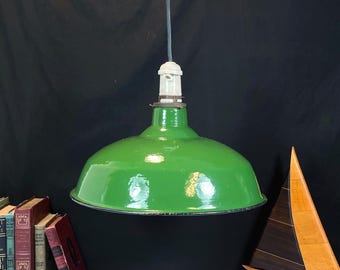 1950's Benjamin 14" Green Enamel Hanging Pendant Light Fixture, Plug In Industrial Gas Station Light, Barn Light
