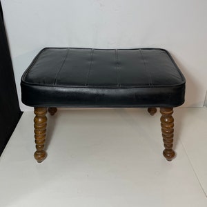 Mid Century Padded Foot Stool, Danish Style Black Vinyl Upholstery, Ottoman, Cushioned Hassock,