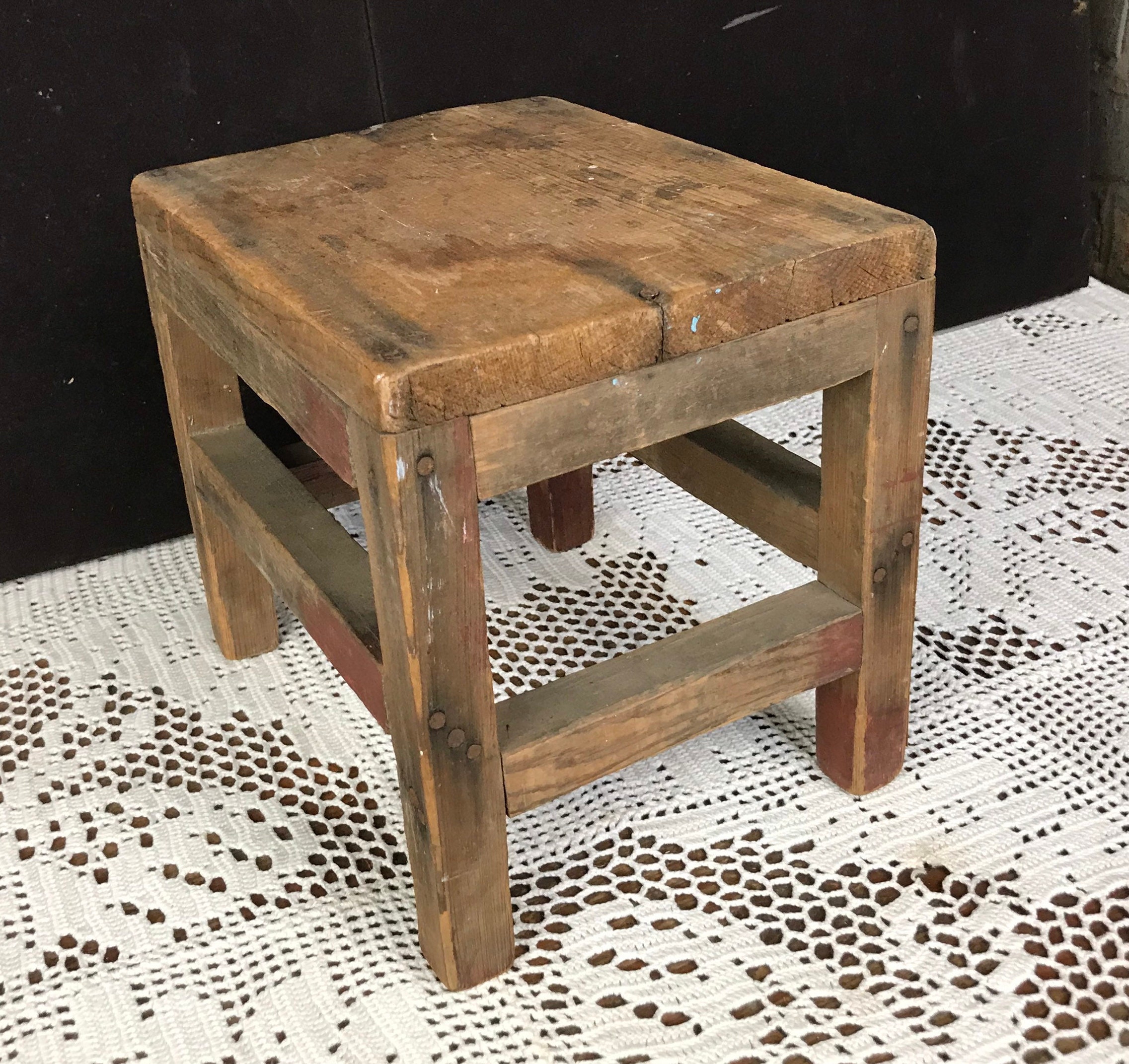 Antique Handmade Wooden Footstool, Small Primitive Wood Step Stool ...