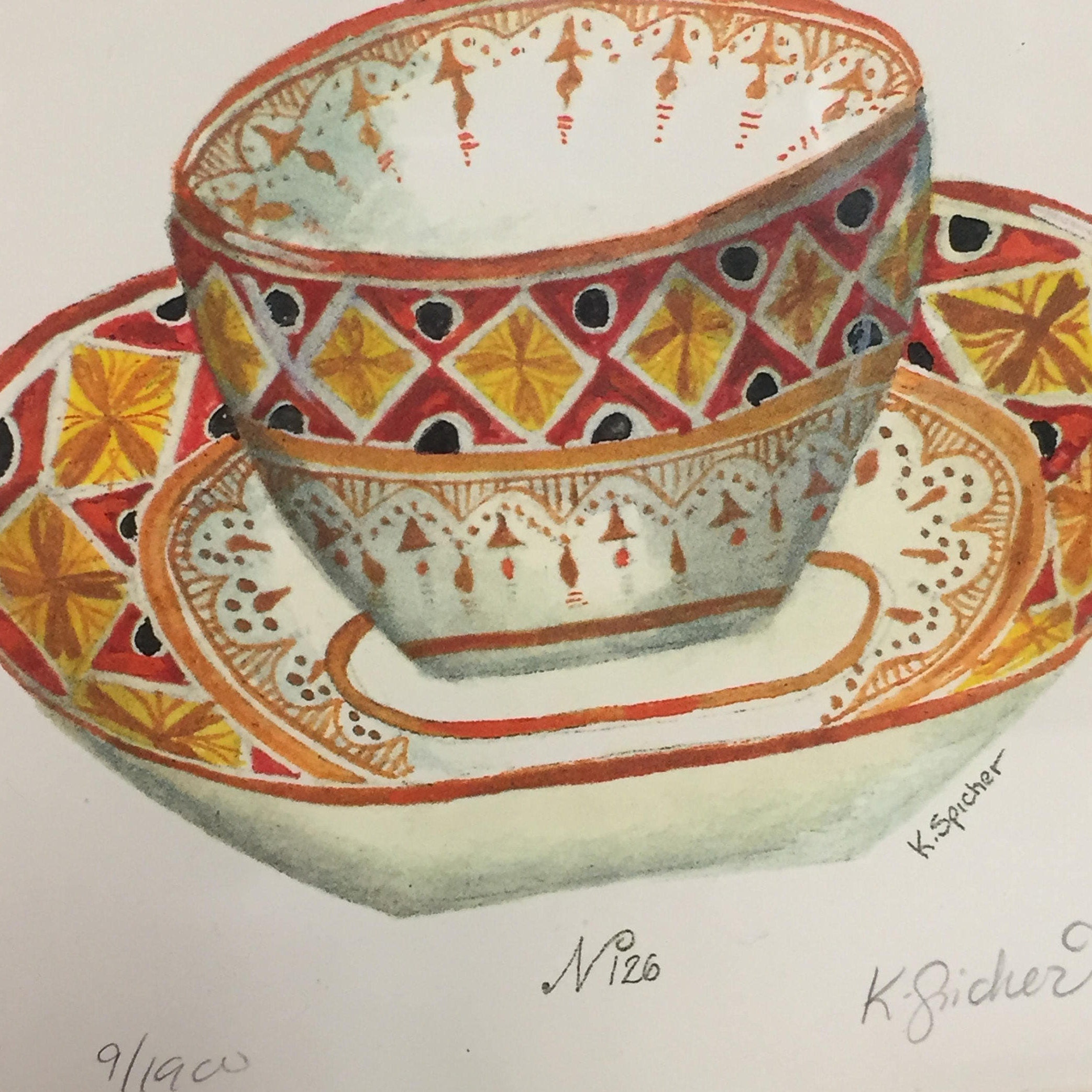 K. Spicher Tea Cup Print, Mediterranean Pattern Tea Cup, Signed and