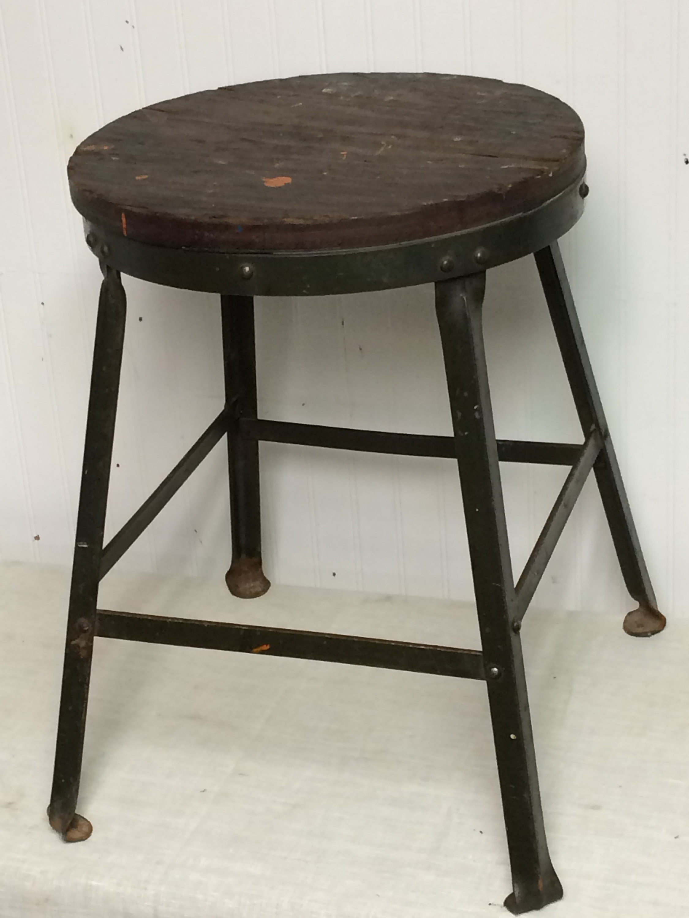Vintage Industrial Steel Shop Stool with Wooden Seat, Industrial Bar Stool