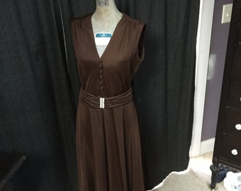 Vintage 1970s Brown Dress Leslie Fay Brown Knit Maxi Sleeveless Dress 70's, Size Small