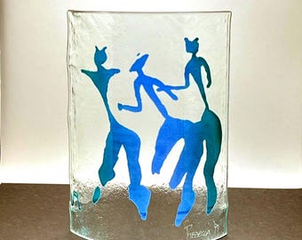 Fused Glass Curved Panel With Abstract Dancing Figures by Rebecca Ann Robertson
