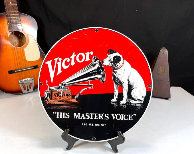 Featured listing image: Vintage Victor Victrola Round Advertising Sign, His Master's Voice, Porcelain Enamel