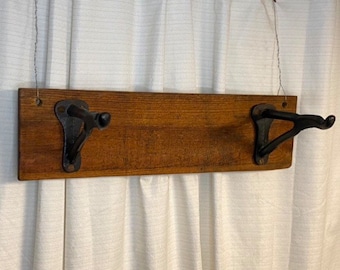 2 Antique Forged Iron Horse Saddle Hooks Mounted, Barn Hook, Horse Tack, Heavy Duty Shelf Brackets