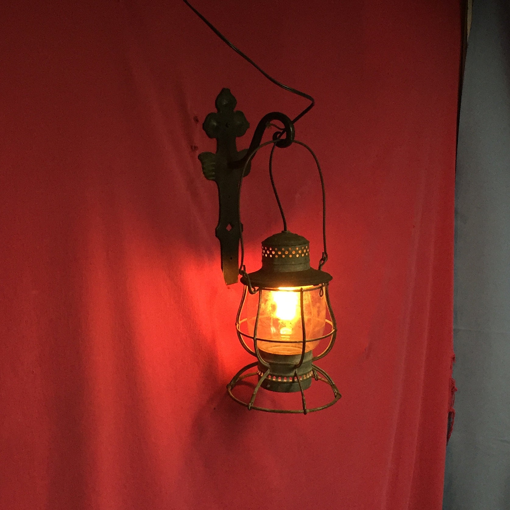 Antique Railroad Lantern Hanging Electric Light, Train Light, Wall Oil