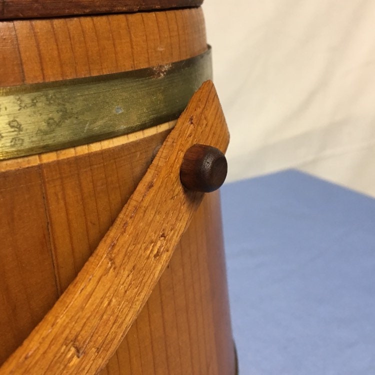 Mid Century Wooden Sewing Bucket with Removable Lid, Wood Sewing Basket, Firkin Style Barrel