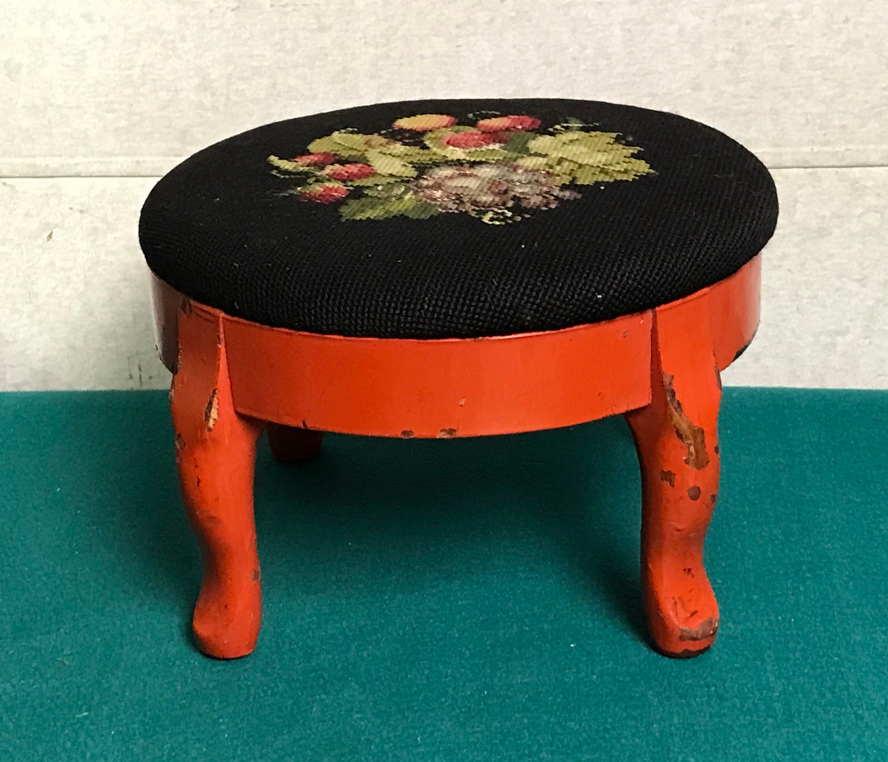 Round Needlepoint Footstool With Wood Base and Legs, Upholstered Top