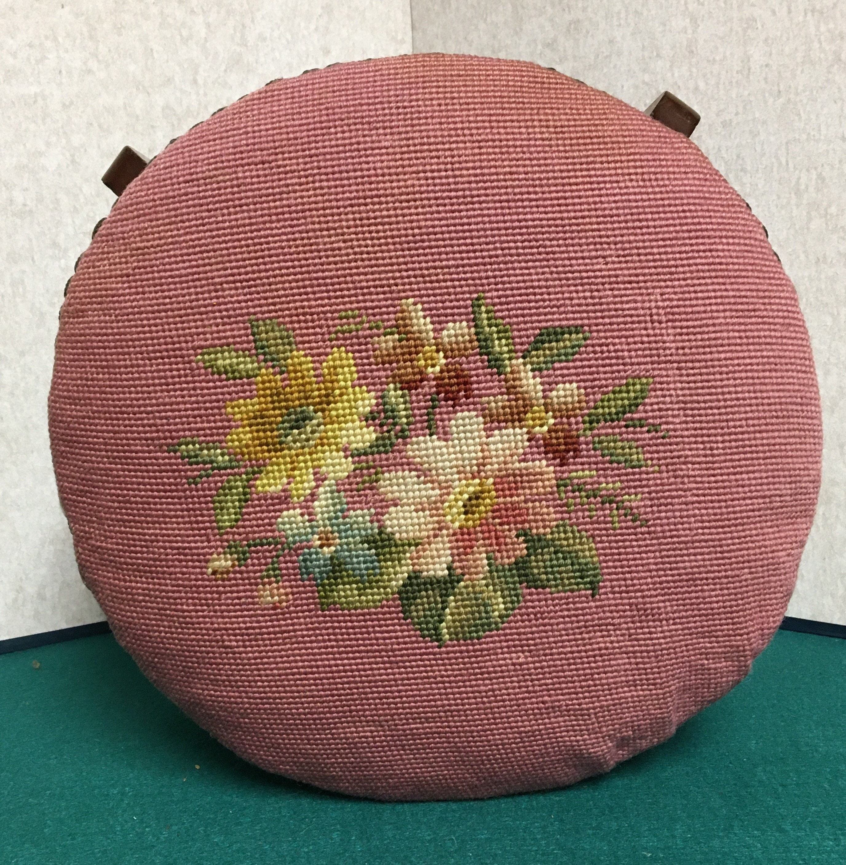 Round Needlepoint Footstool With Wood Base and Legs, Upholstered Top