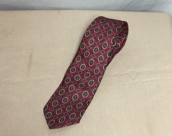 Wembley Silks Men's Tie, Silk Tie, Red Tie with Blue and Gray Squares and Circles, Vintage 1970's Necktie