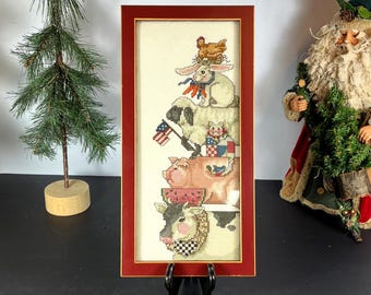 Farm Animal Counted Cross Stitch in Wood Frame, Completed