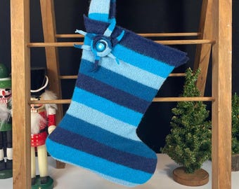 Boho, Blue Striped, Felted Wool Stocking with Flower