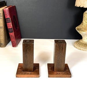 Arts and Crafts, Wood Candlestick Holders with Decorative Copper on Base