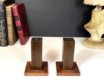 Arts and Crafts, Wood Candlestick Holders with Decorative Copper on Base