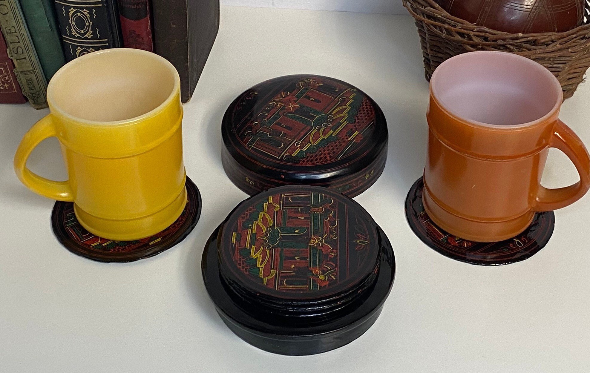 Vintage Burmese Lacquer 4 Coasters, Set of Six (6), Asian Lacquerware