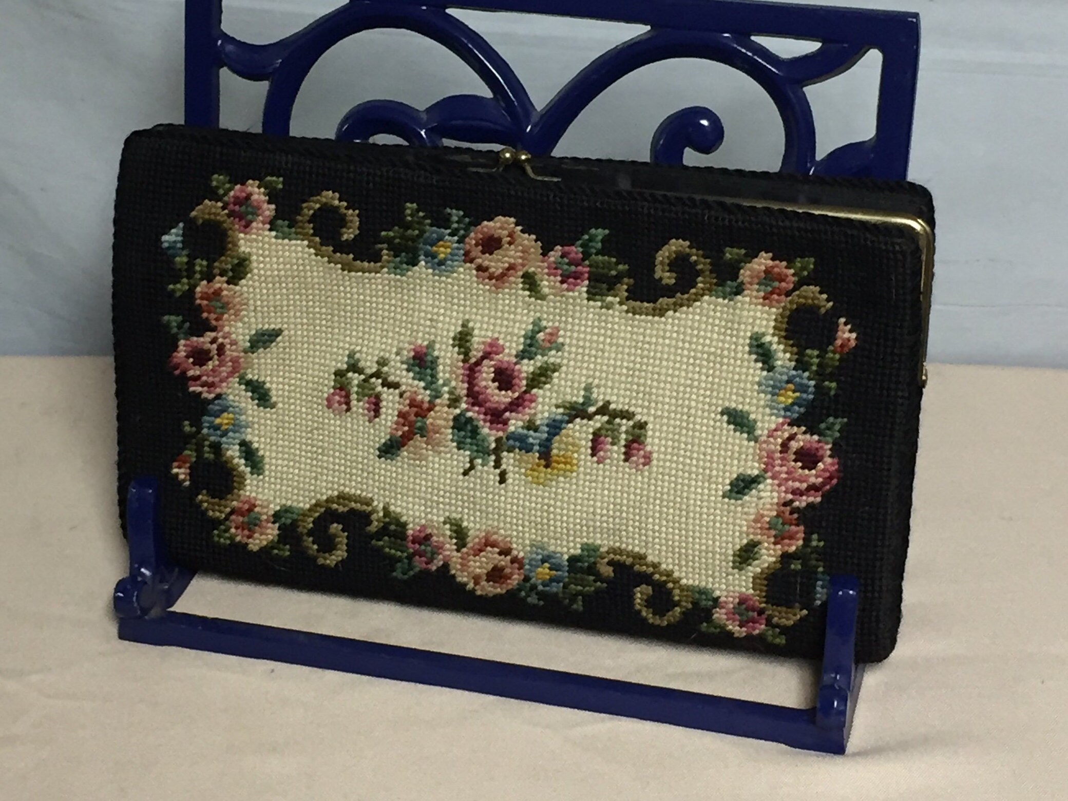 Needlepoint Clutch Purse, Rose Vintage Embroidered Clutch, Wool