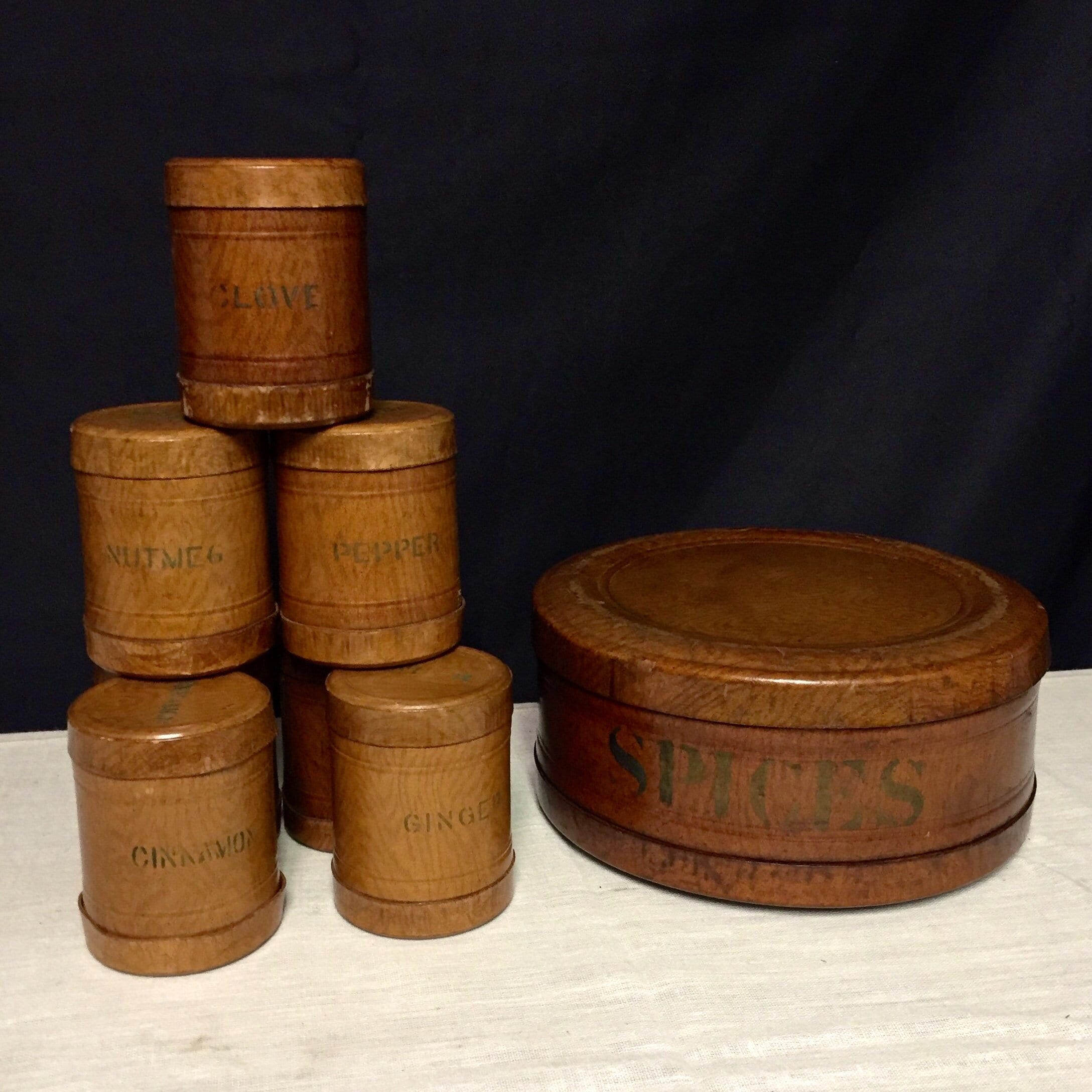 Antique Round Spice Box with Seven Spice Containers, Bentwood Spice Box