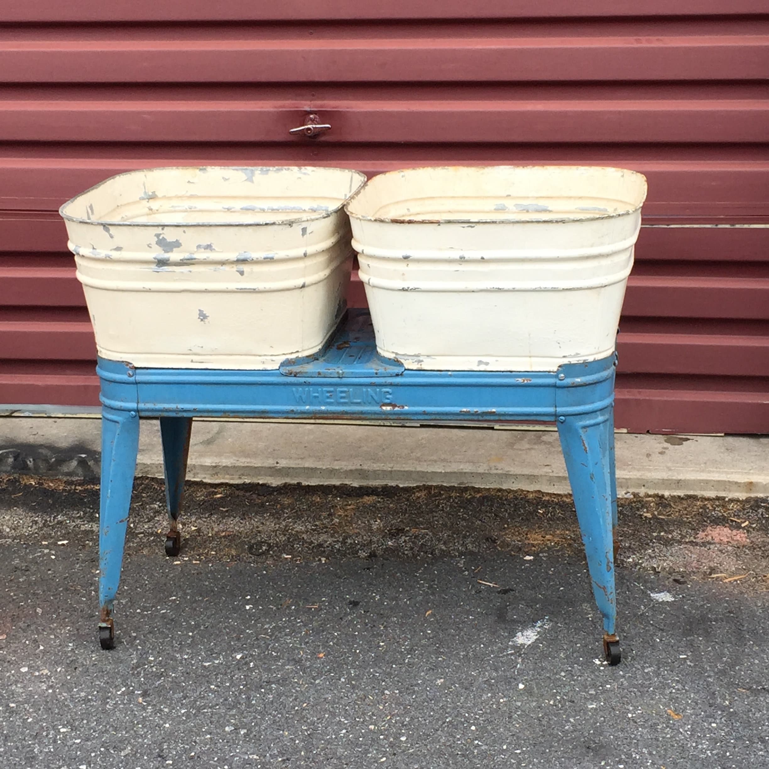 Vintage WHEELER Galvanized Double Wash Tubs with Stand, Mid Century