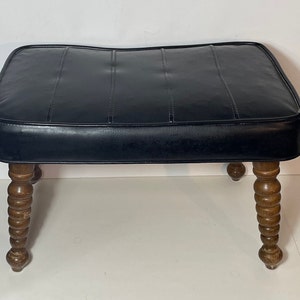 Mid Century Padded Foot Stool, Danish Style Black Vinyl Upholstery, Ottoman, Cushioned Hassock, image 10