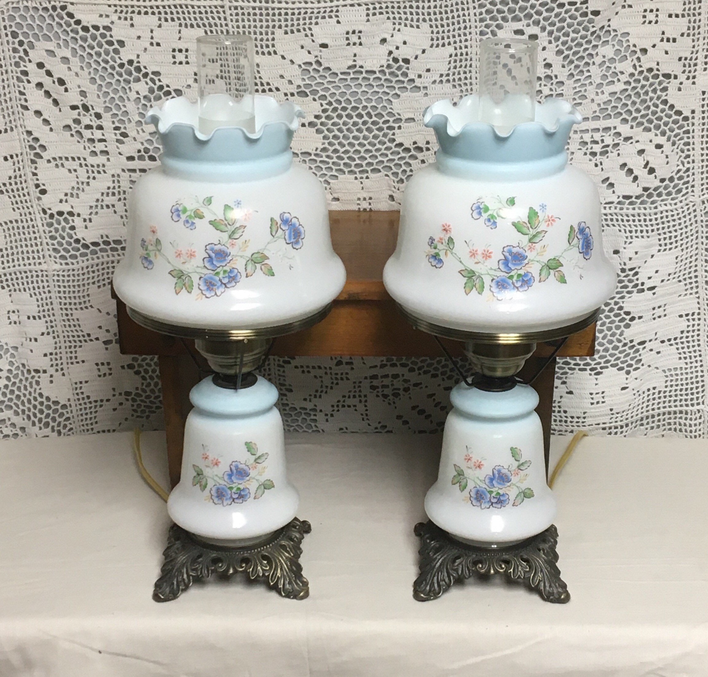 Pair of Blue Floral Electric Hurricane Table Lamps w/ Night Lights and ...