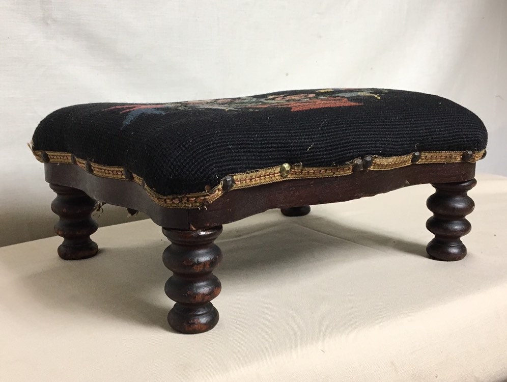 Victorian Needlepoint Wooden Footstool, PA Dutch, German Folk Art