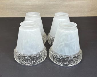 Set 4 Vintage White Frosted & Clear Glass Light Shades: 2-1/4" Fitter