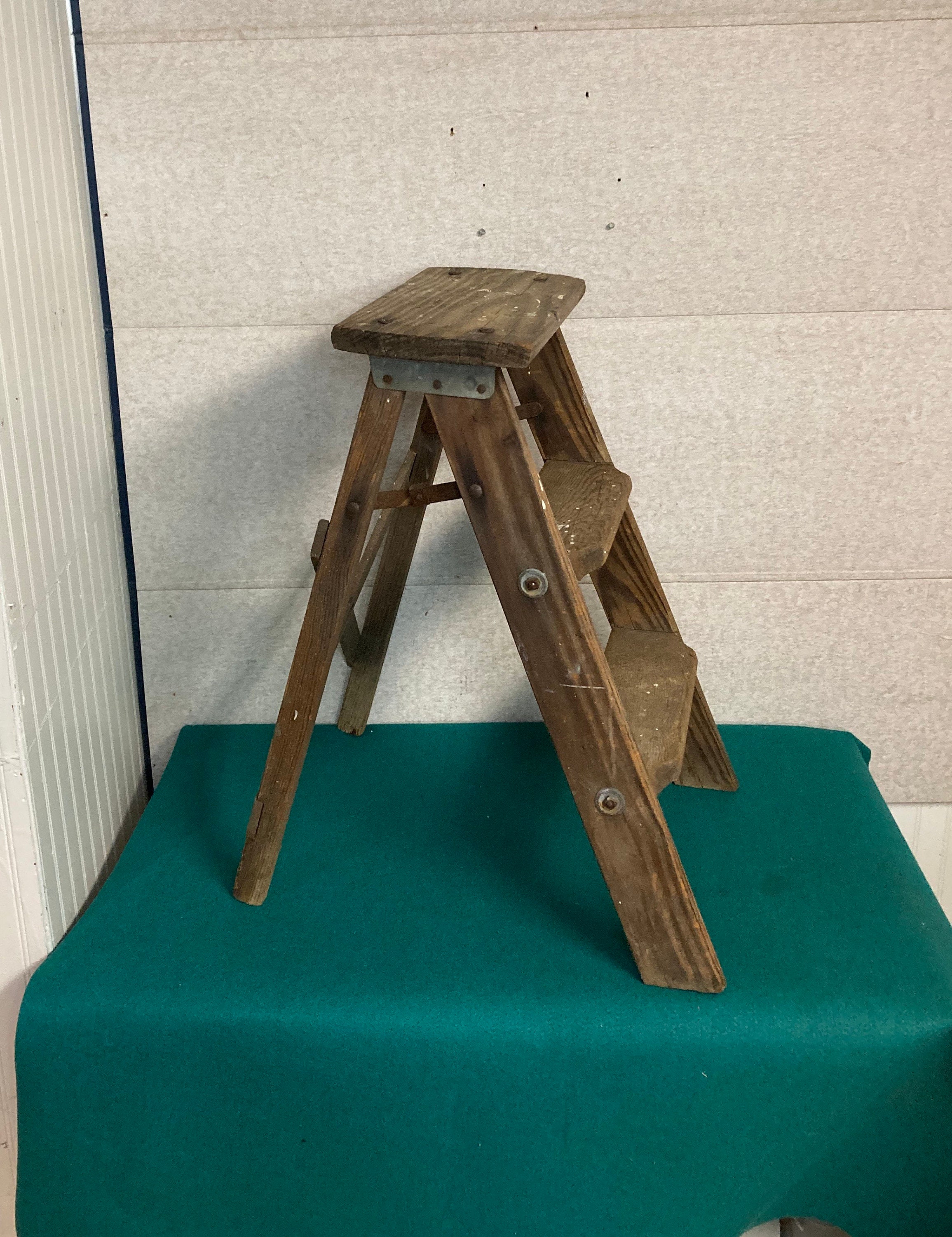1960's Small Shabby Wooden Step Stool Ladder, Folding Step Stool