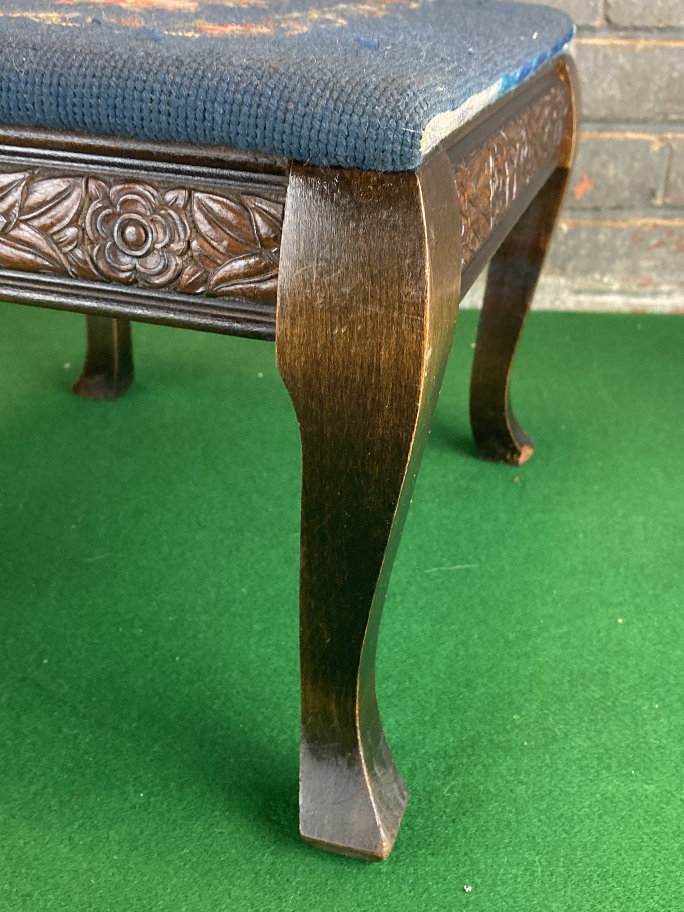 1930's Victorian Floral Needlepoint Footstool, Queen Anne Style Wooden Stool, Padded Needlepoint