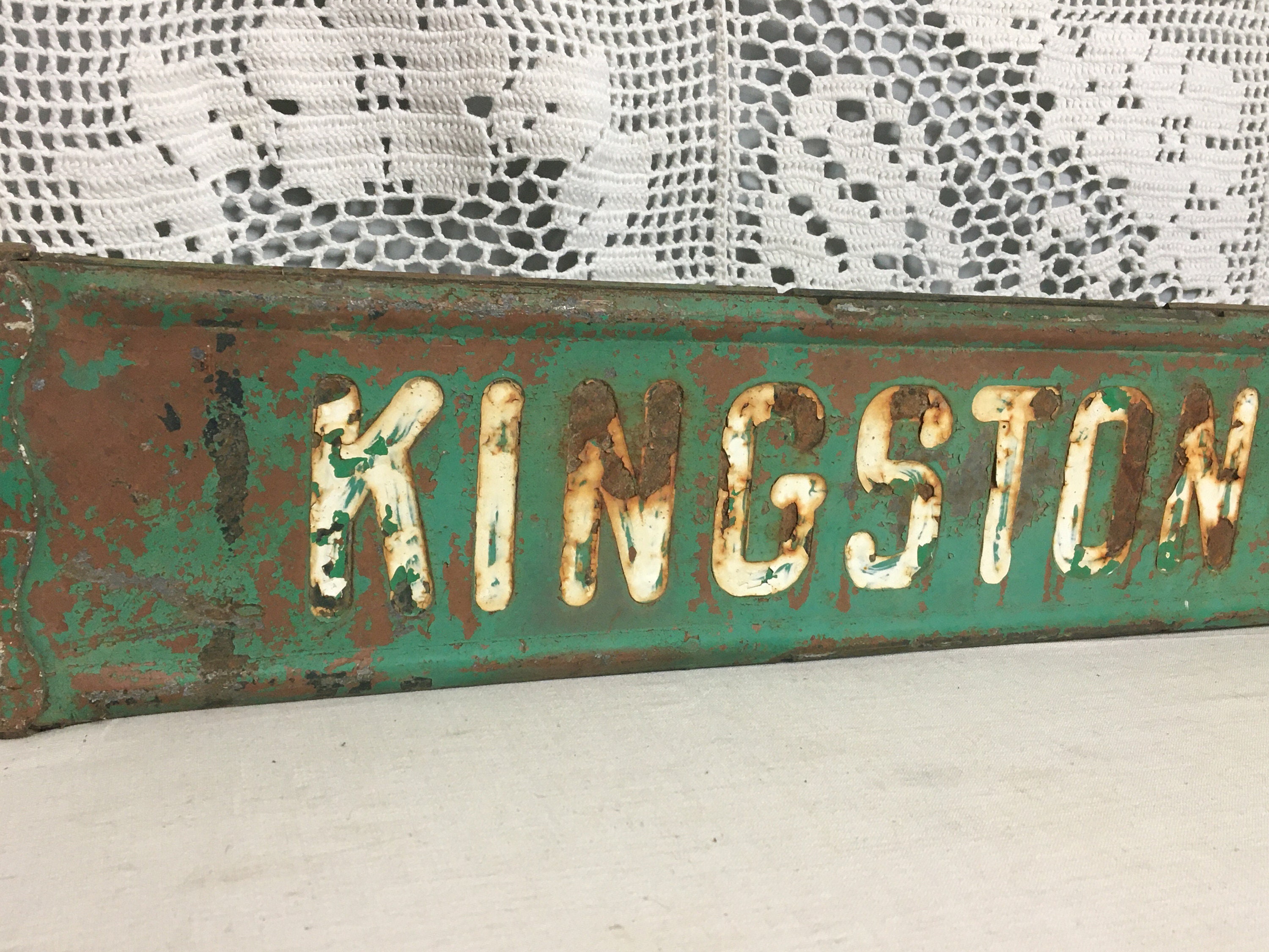 1950's Embossed 2 Sided Steel Street Sign KINGSTON RD. Green & White