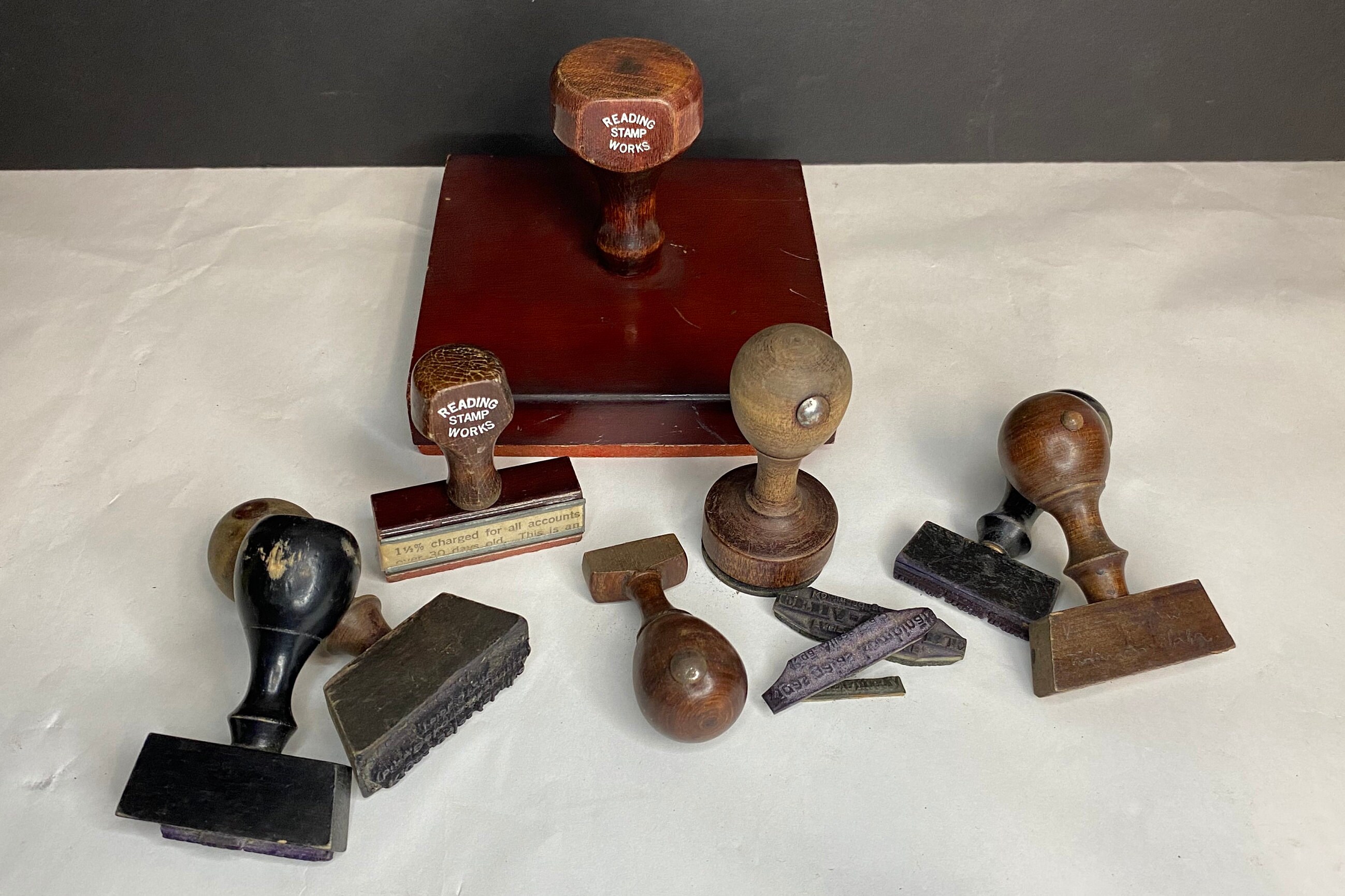 Lot of Antique Wooden Ink Stamps, Reading Stamp Works