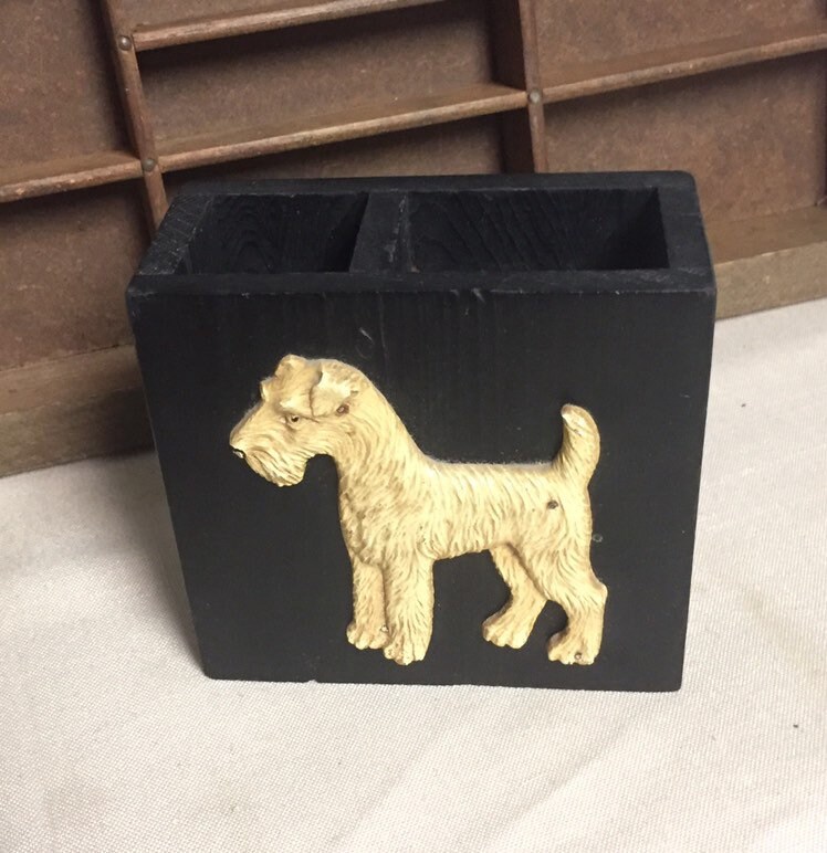 Black Wooden Brush Holder with Scottie Dog, King New York, Syroco Wood