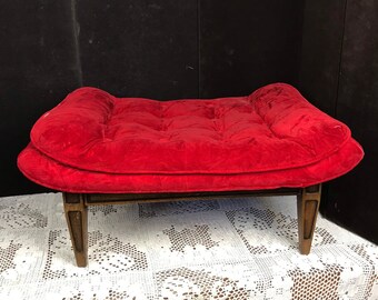 Vintage French Provincial Tufted Velvet Vanity Seat, Red Velour Top Bench, Window Seat, Boudoir Stool