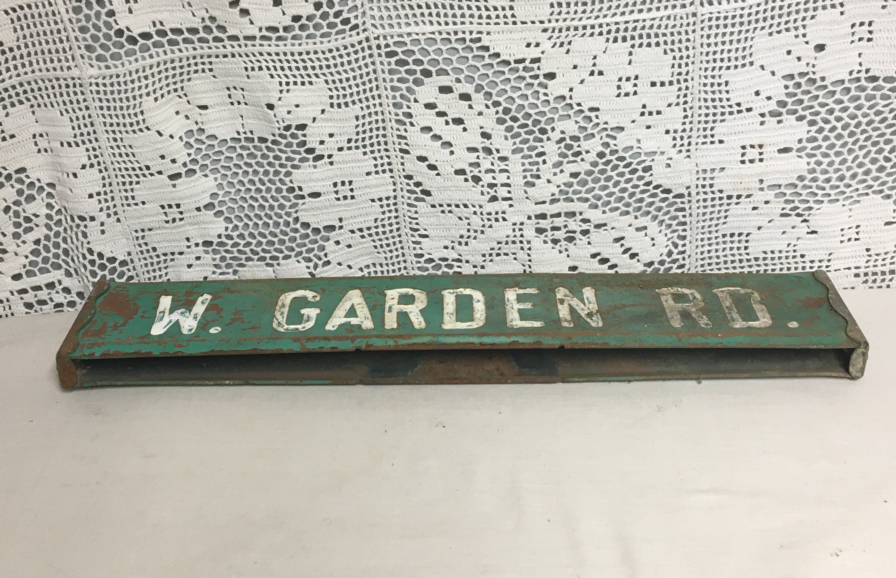 1950's Embossed 2 Sided Steel Street Sign W. GARDEN RD. Green & White