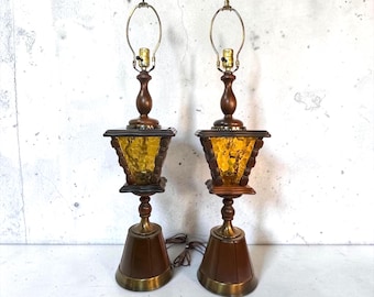 Pair Mid Century Amber Glass Lantern Table Lamps w/ Nightlights: Retro 1970's