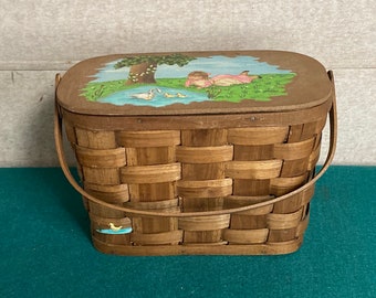 Hand Painted Fomerz Spain Basket, Caro Nan Style Basket Purse with Hinged Lid, Handmade in Spain, Girl by Pond
