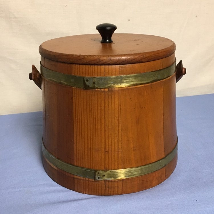 Mid Century Wooden Sewing Bucket with Removable Lid, Wood Sewing Basket, Firkin Style Barrel