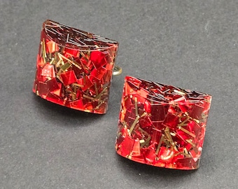 Red Lucite Glitter Confetti Screw Back Earrings