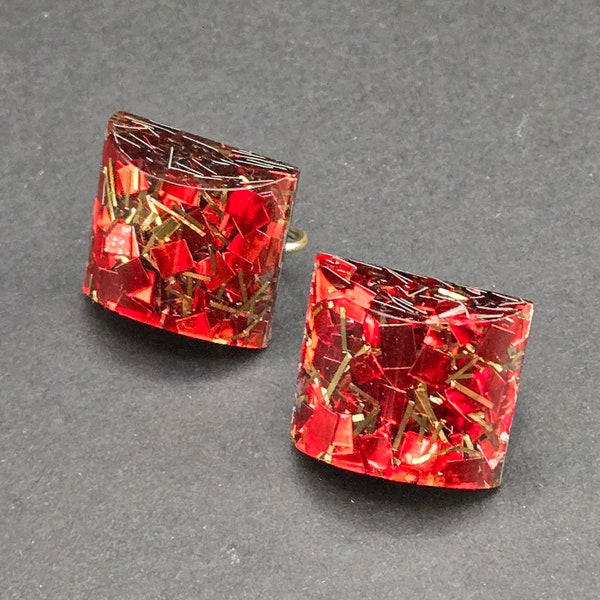 Red Lucite Glitter Confetti Screw Back Earrings