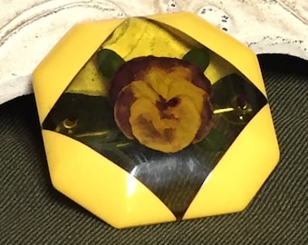 Reverse Carved, Butterscotch Bakelite Brooch, Painted Pansy, Apple Juice Bakelite Pin