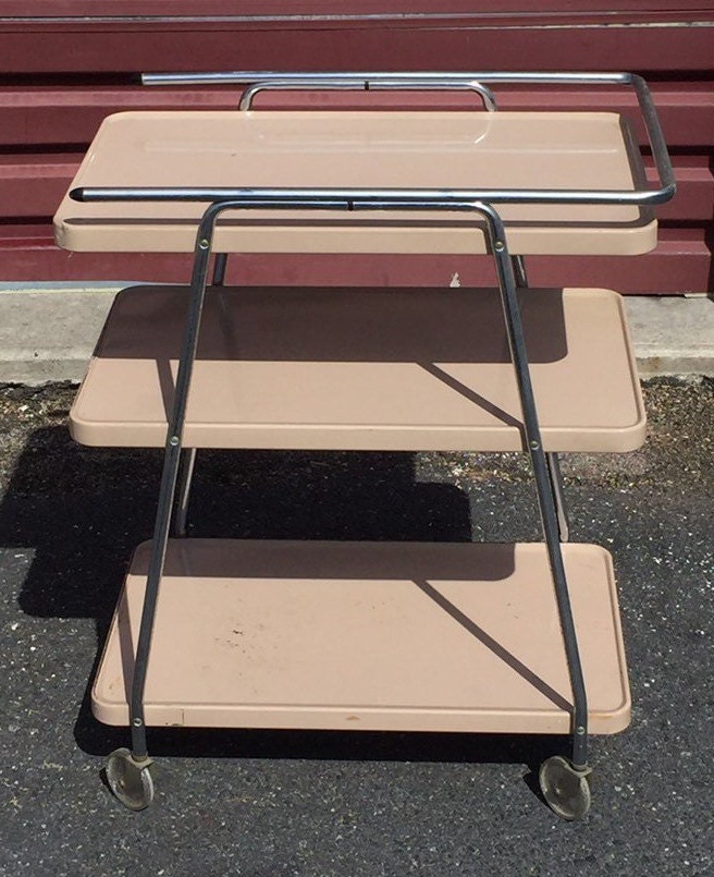 Vintage COSCO Metal Rolling Kitchen Cart, Bar Cart Beige & Chrome