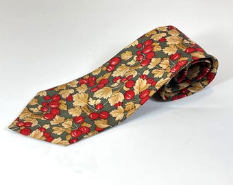 Hunting World Silk Tie, with Tan Leaves and Red Berries Made in Italy